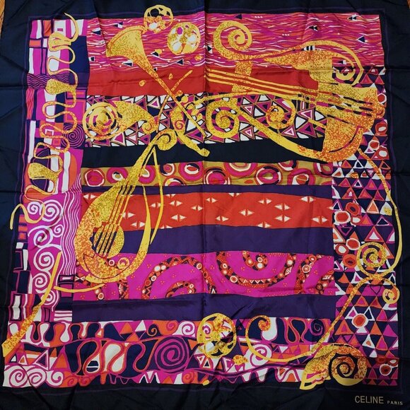 Celine Hand-Rolled Silk Scarf with Musical Instruments Motif 33" x 33" - Picture 4 of 5